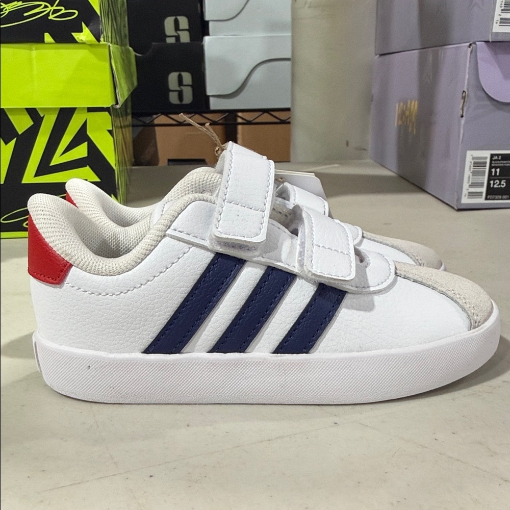 Kids White and Blue Sneakers with Red Accents - Picture 1 of 5
